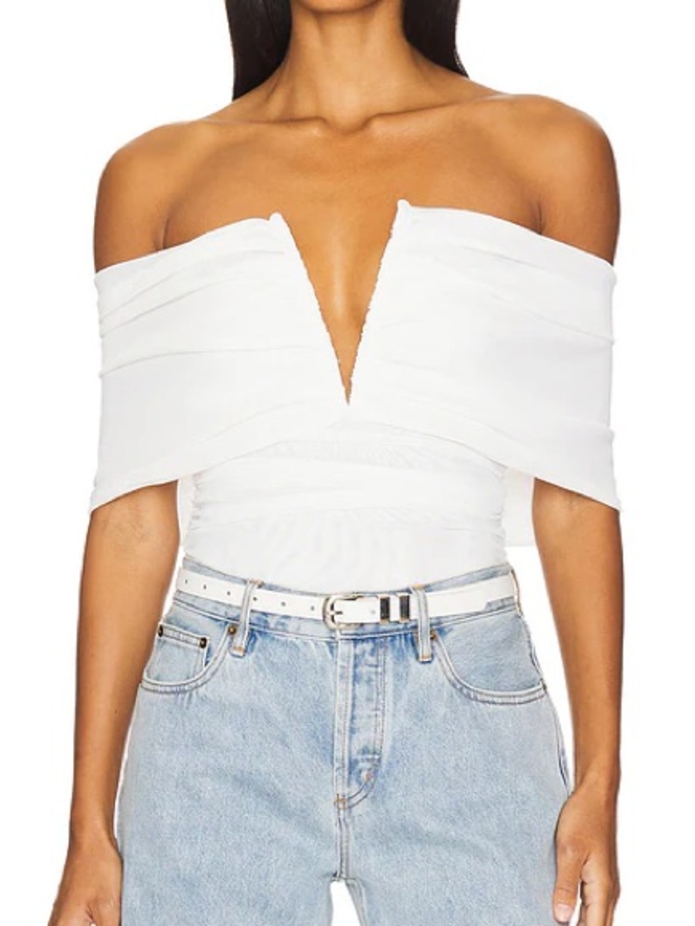 Beige Botany Off-Shoulder White V-Neck Women's Top